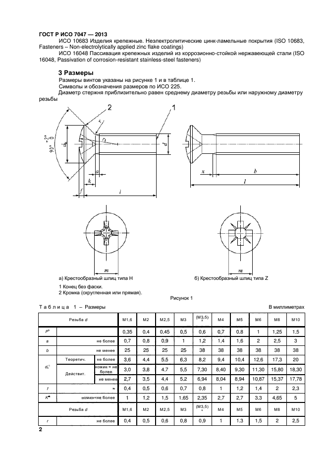 ГОСТ Р ИСО 7046-1-2013 Винты с потайной головкой и крестообразным шлицем типа Н 
