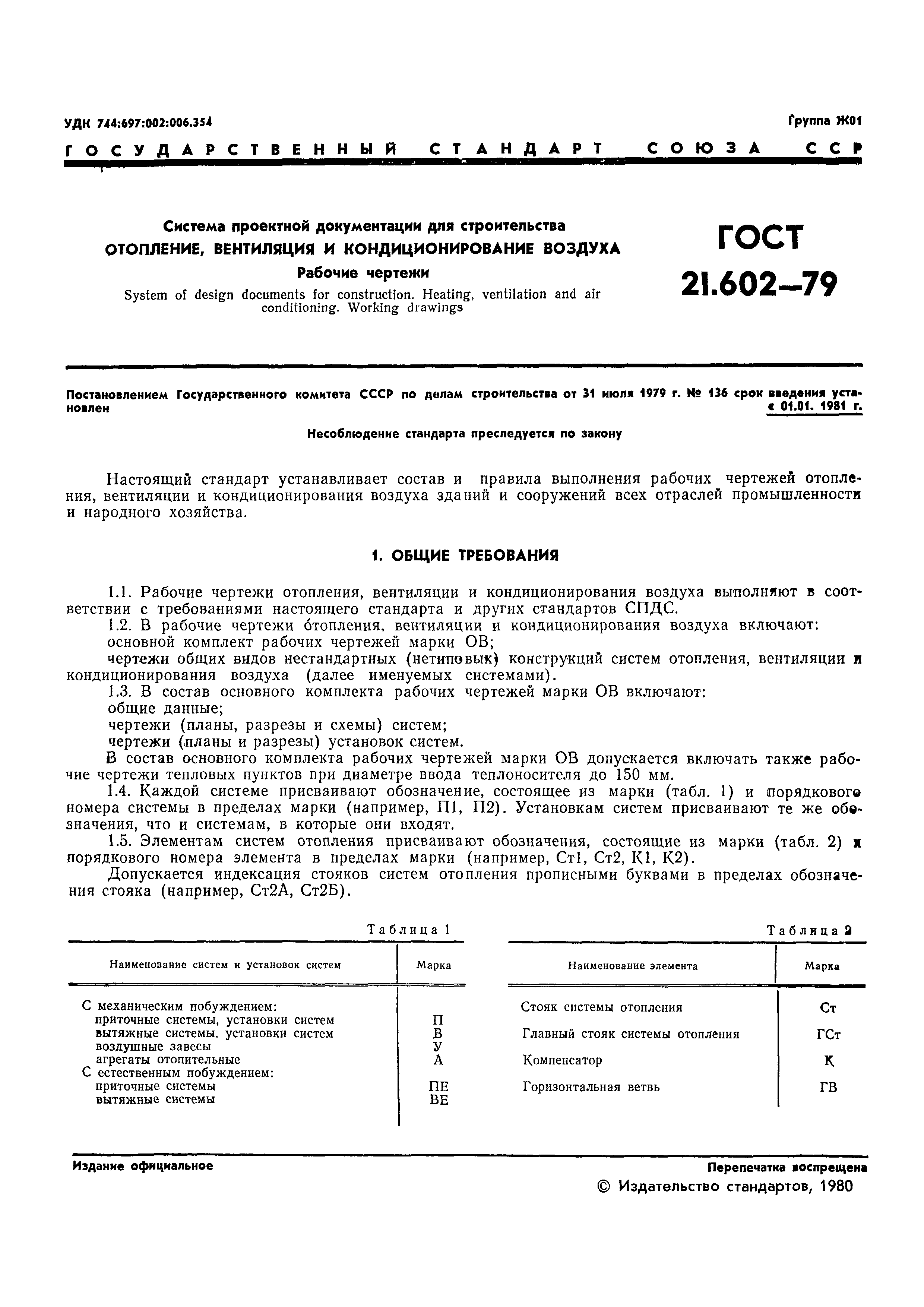Рабочие чертежи отопления и вентиляции гост ГОСТ 21.602-79 Система проектной документации для строительства. Отопление, вент