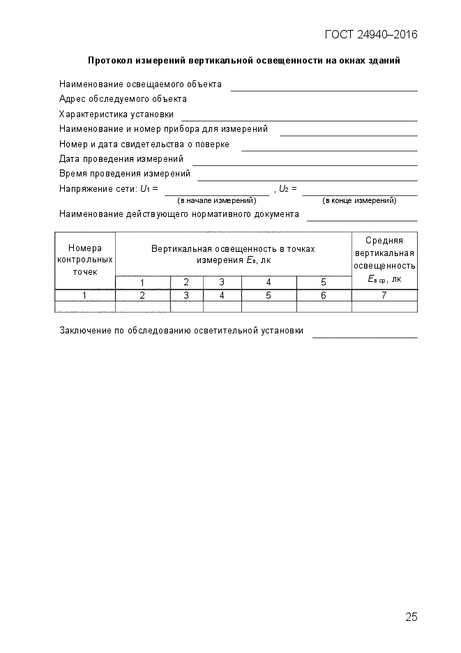 Протокол измерений освещенности образец