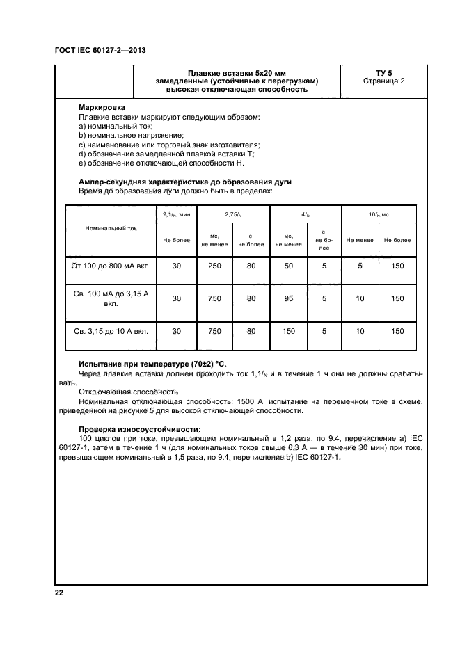 IEC 60127-2.5. IEC 60127-2/4. Номинальная отключающая способность плавкой вставки. Требования к материалу для плавких вставок.