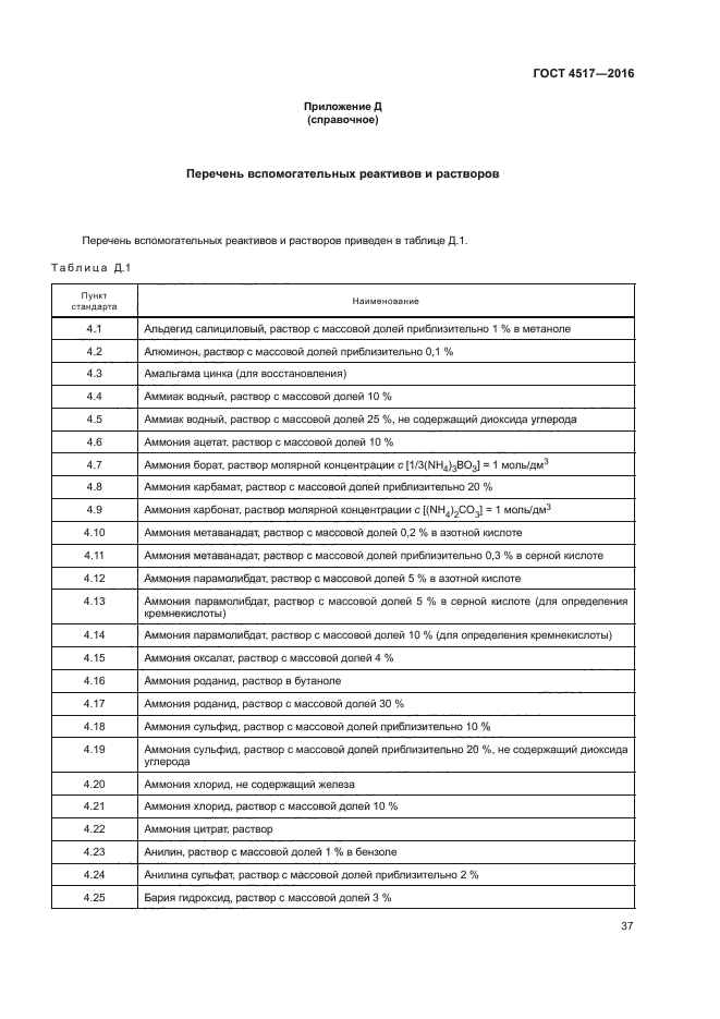 Перечень реагентов