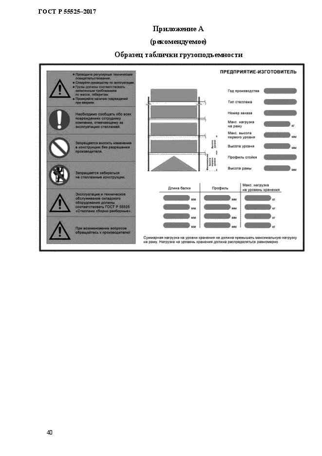 Образец таблички на стеллажах с указанием допустимой нагрузки
