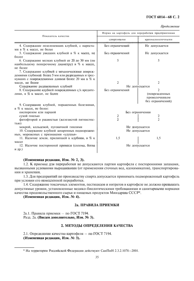 Показатели качества картофеля